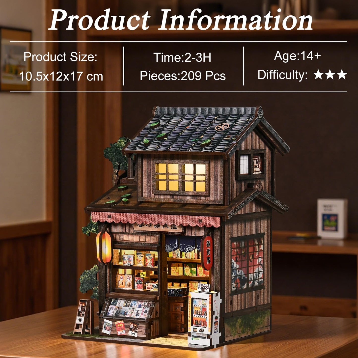 BETESINE Book Nook Kit for Adults 14+, Japanese Miniature House with LED Light and Dust Cover, DIY 3D Wooden Puzzle Bookshelf Insert Decor, Creative Craft Gift for Teens and Book Lovers