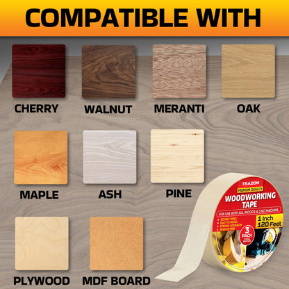Trazon Double Sided Woodworking Tape Super Strong, 3 Pack, 1 Inch x 120 Feet, Wood Crafter Sticky Tool, Two Side Adhesive for Router Templates and CNC Machine, Removable & Residue Free