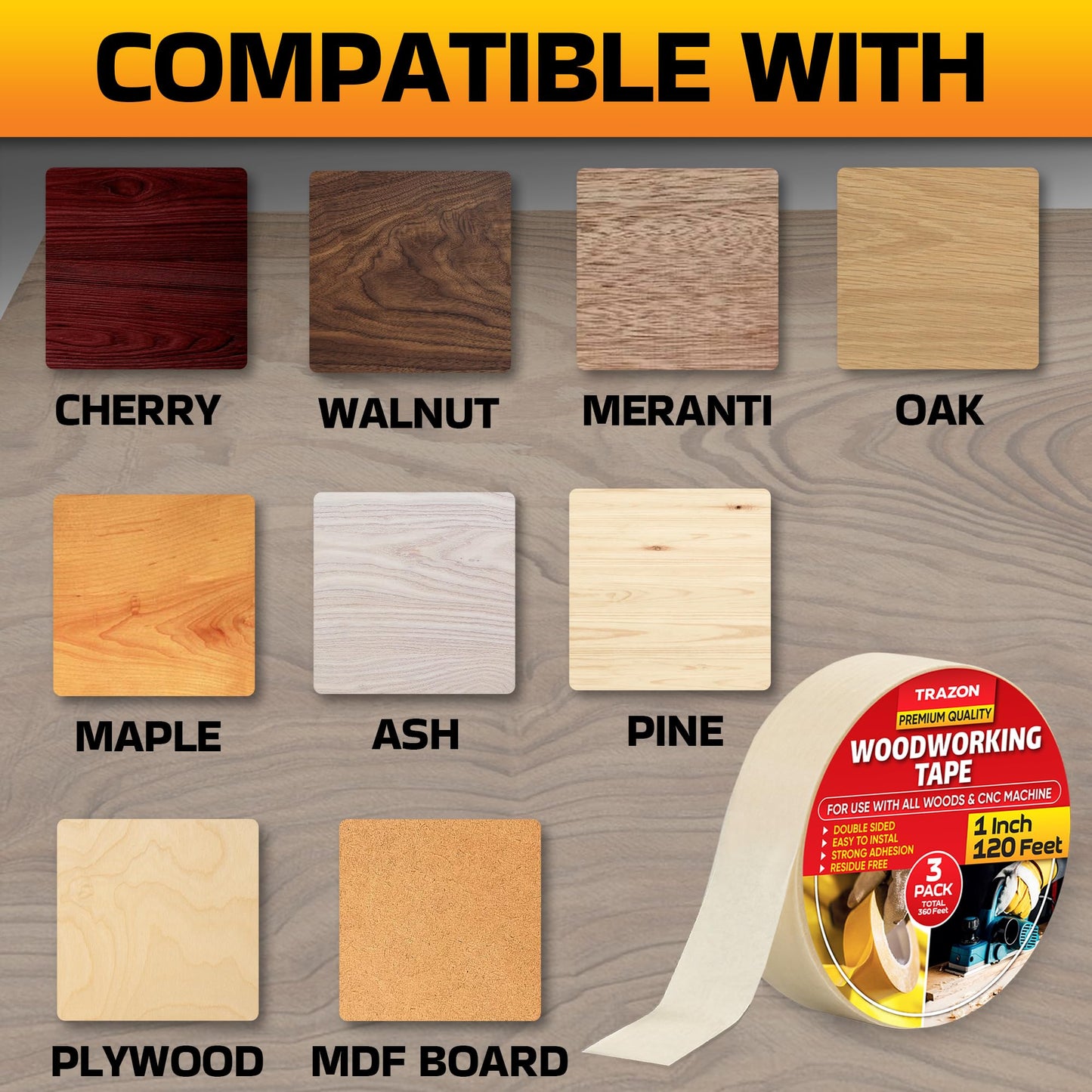 Trazon Double Sided Woodworking Tape Super Strong, 3 Pack, 1 Inch x 120 Feet, Wood Crafter Sticky Tool, Two Side Adhesive for Router Templates and CNC Machine, Removable & Residue Free