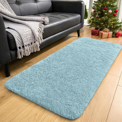 OLANLY Machine Washable Runner Rugs - Soft Fluffy Shaggy Indoor Carpet for Bedroom & Hallway | Light Blue