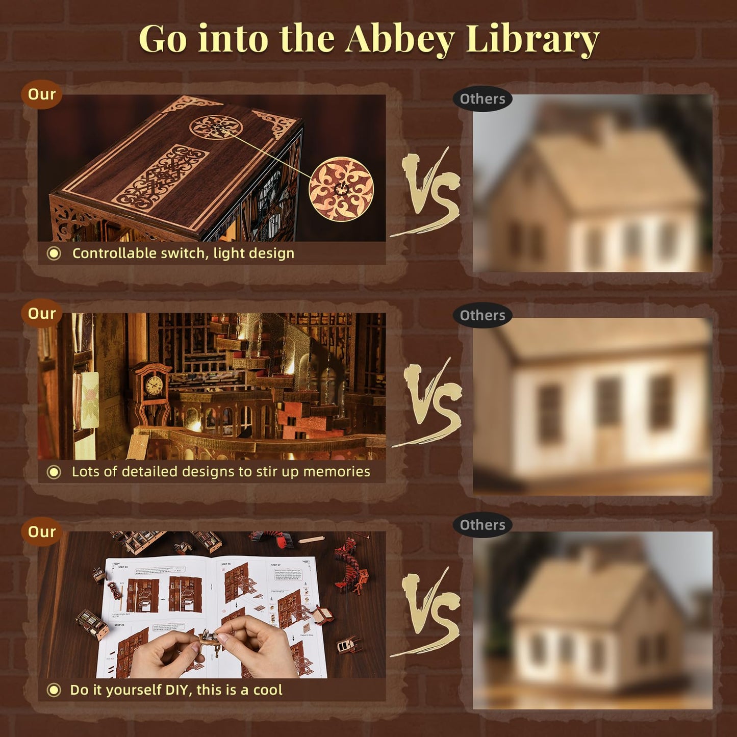 MiniCity Book Nook Kit, DIY Miniature Dollhouse Booknook Kit, 3D Wooden Puzzle Bookend Bookshelf Insert Decor with LED Light for Teens and Adults (Abbey Library)