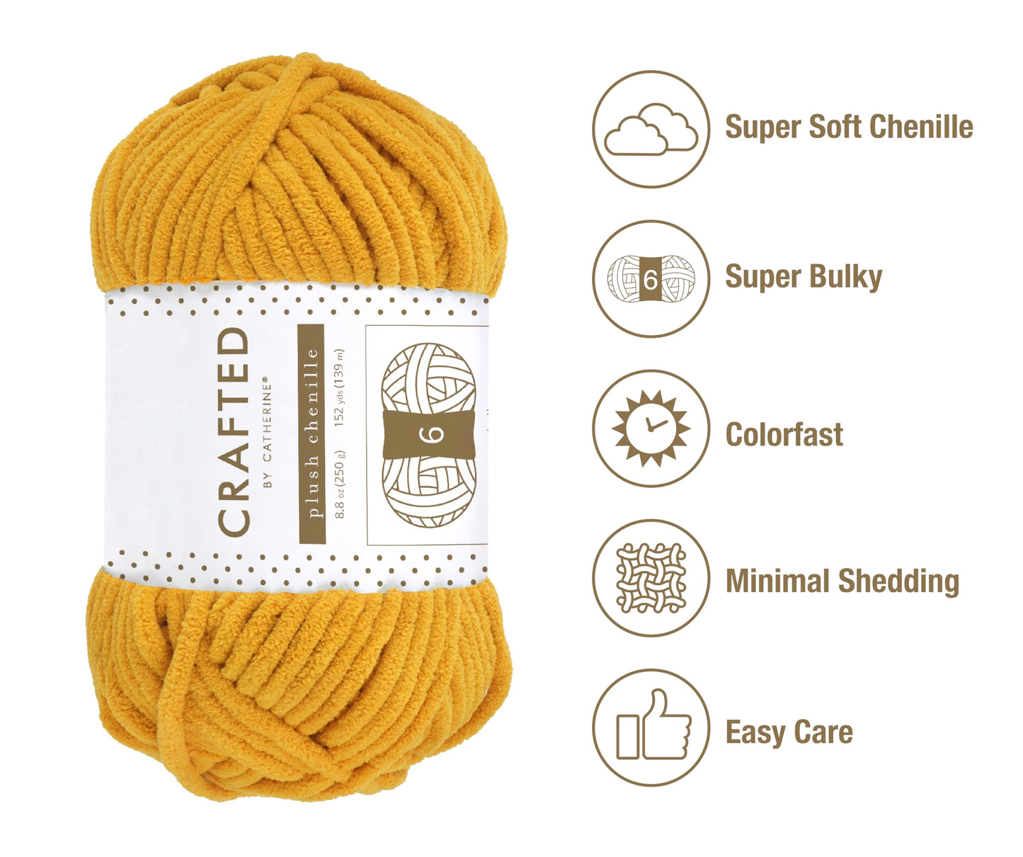 Crafted by Catherine Plush Chenille Yarn for Knitting, Crocheting and Amigurumi - 4 Pack (8.8 oz / 250g, 152 Yards Each Skein), Mustard, Gauge 6 Super Bulky