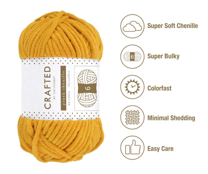 Crafted by Catherine Plush Chenille Yarn for Knitting, Crocheting and Amigurumi - 4 Pack (8.8 oz / 250g, 152 Yards Each Skein), Mustard, Gauge 6 Super Bulky