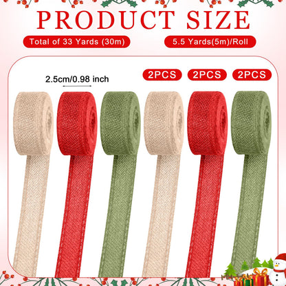 WILLBOND 6 Rolls 33 Yards Christmas Burlap Ribbon Fabric Wired Edge Green Red Natural Wrapping Ribbon Xmas Craft Farmhouse Decorative for Wreath DIY Xmas Tree Holiday Decor, 1 and 2 Inch(1'')