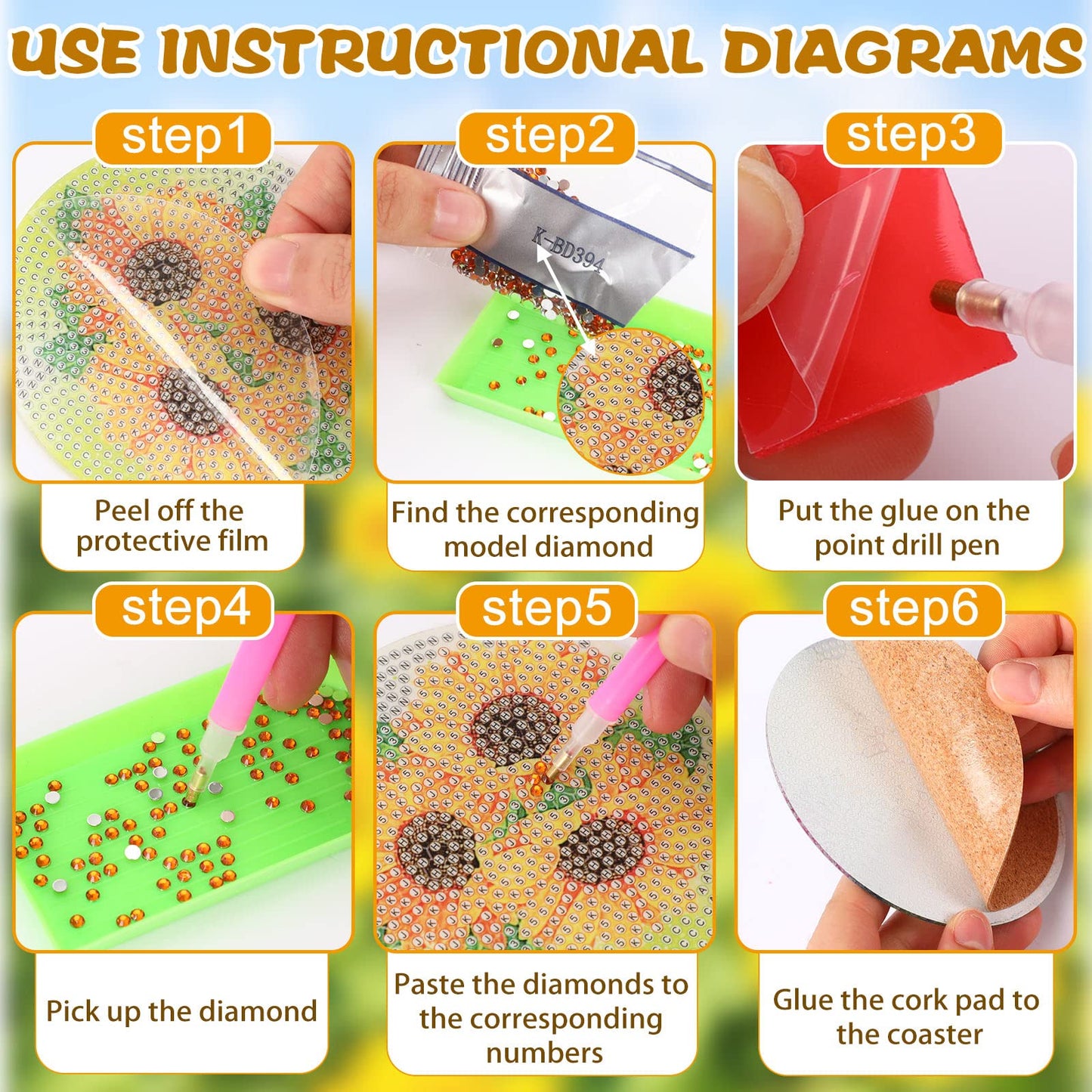UPINS 8Pcs Sunflower Diamond Art Painting Coasters for Drinks DIY Coaster Diamond Art Kits for Adults Diamond Art Craft Supplies (Sunflower)