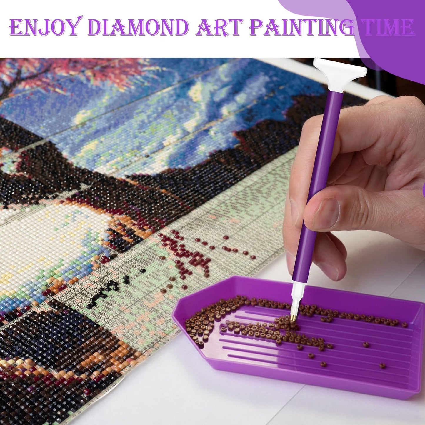 Affrolling 180 Pcs 5d Diamond Art Painting Tools and Accessories Kits Include Drill Pens with 3 Drill Sizes, Plastic Diamond Trays, Glue Clay, Rhinestone Art Painting DIY Accessories(Purple)