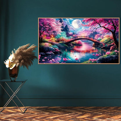 pchmcu 5D Large Diamond Painting,Cherry Scenery with Moon Bridge Extra Large Diamond Art Kits for Adults,DIY Round Full Drill Crystal Rhinestone Arts and Crafts Home Wall Decor 27.5 X 15.7inch