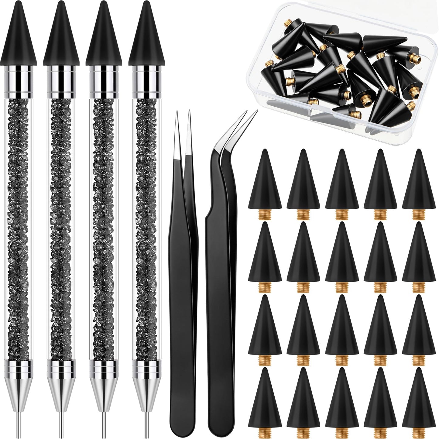 Tatuo 4 Set/26 Pcs Rhinestone Picker Tool Dotting Pen Dual-Ended Nail Art Rhinestones Applicator Gems Crystals Beads Picker Wax Pencil with 20 Wax Head 2 Tweezers DIY Nail Art Tool (Black)