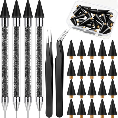Tatuo 4 Set/26 Pcs Rhinestone Picker Tool Dotting Pen Dual-Ended Nail Art Rhinestones Applicator Gems Crystals Beads Picker Wax Pencil with 20 Wax Head 2 Tweezers DIY Nail Art Tool (Black)
