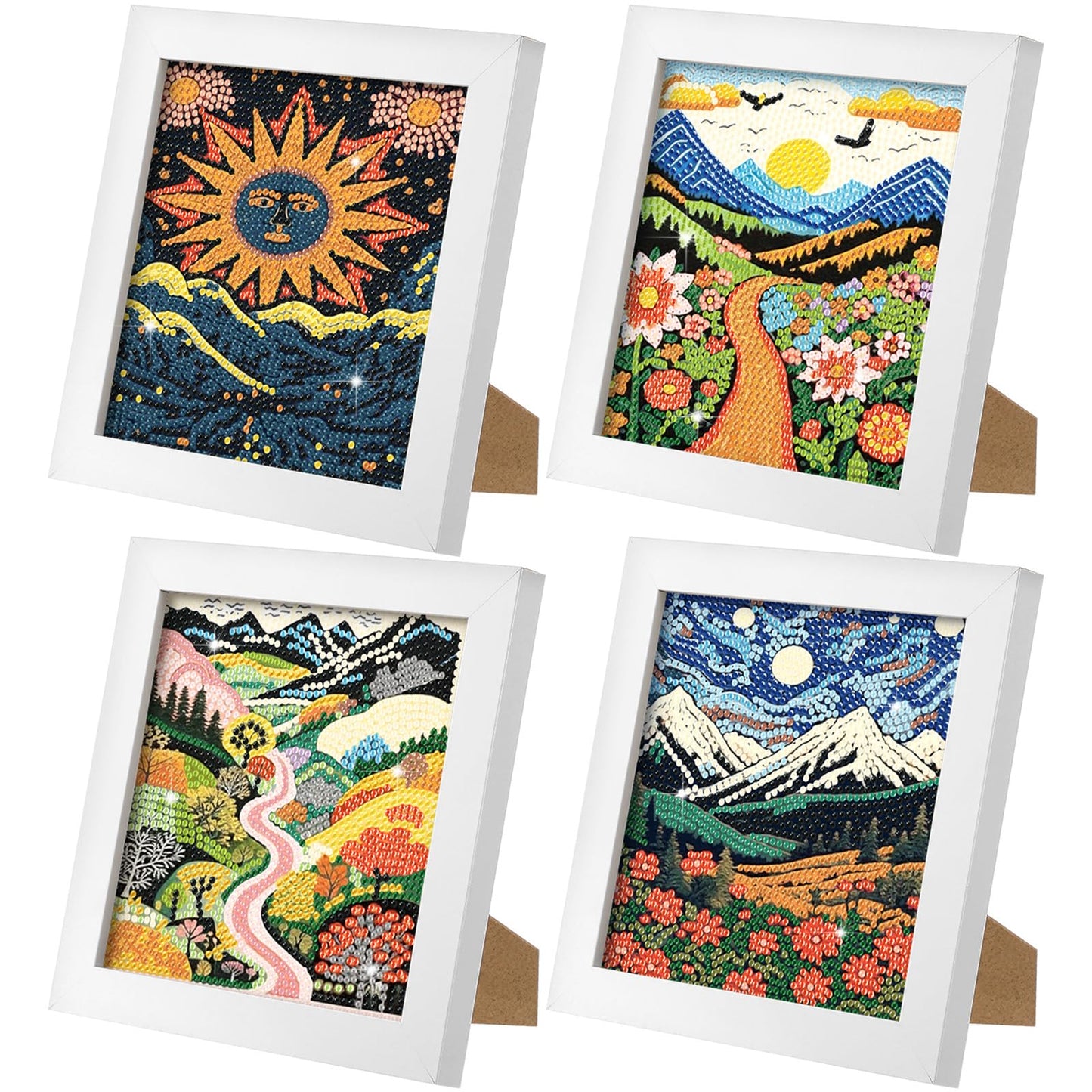 Geyoga 4 Pcs Boho Diamond Painting Kits with Frame Adults Sun and Moon Diamond Art Kits for Adults Beginner Kids Landscape Arts and Crafts Abstract Rhinestone Gem Art Table Decor Gift 7x7inch