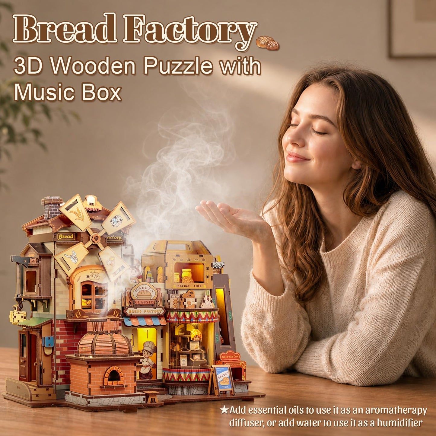 Fsolis 3D Wooden Puzzles for Adults - Mechanical Bread Factory Building with Music & Smoke Effect & Light Up Miniature Craft Kit with 7 Ambient Lighting, 572pcs, Gifts for Women Teens