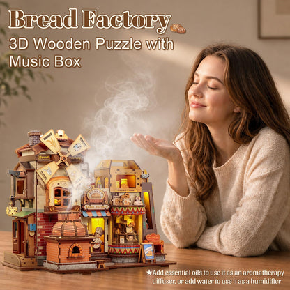 Fsolis 3D Wooden Puzzles for Adults - Mechanical Bread Factory Building with Music & Smoke Effect & Light Up Miniature Craft Kit with 7 Ambient Lighting, 572pcs, Gifts for Women Teens