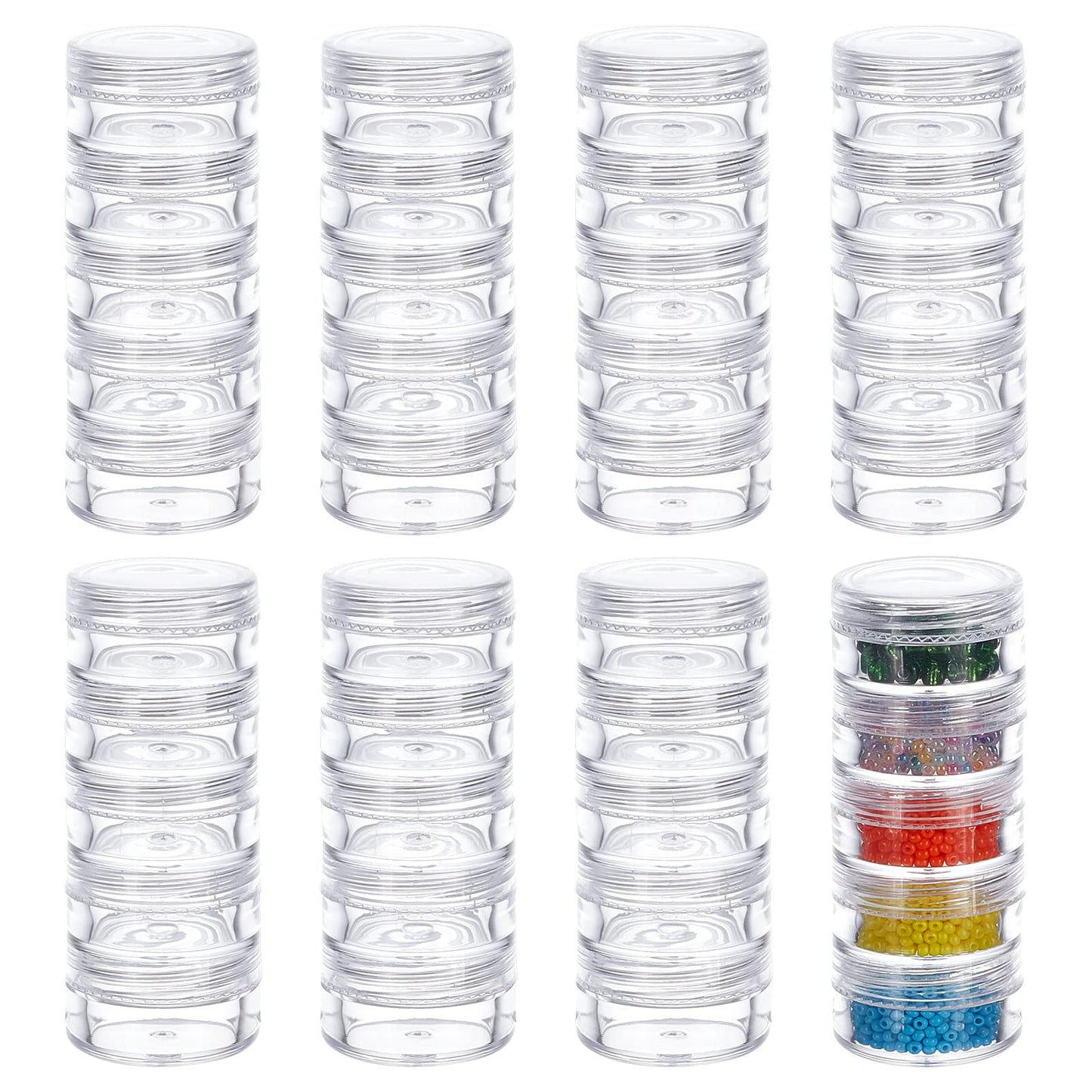 BENECREAT 5G/5ML Stackable Round Plastic Containers 8 Column(5 Layer/Column) Bead Storage Jars for Seed Beads, Diamond Drills and Other Jewelry Components