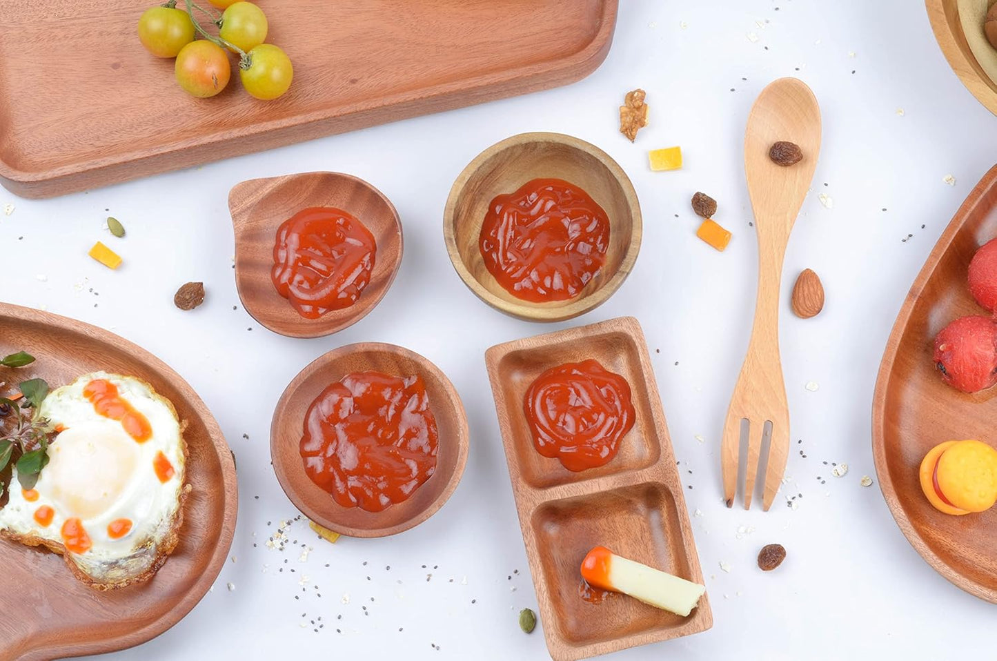 Mini Wooden Bowl Set of 4, 3.54" Diameter for Condiments, Dip Sauce, Small Wood Bowl for Jam, Olive