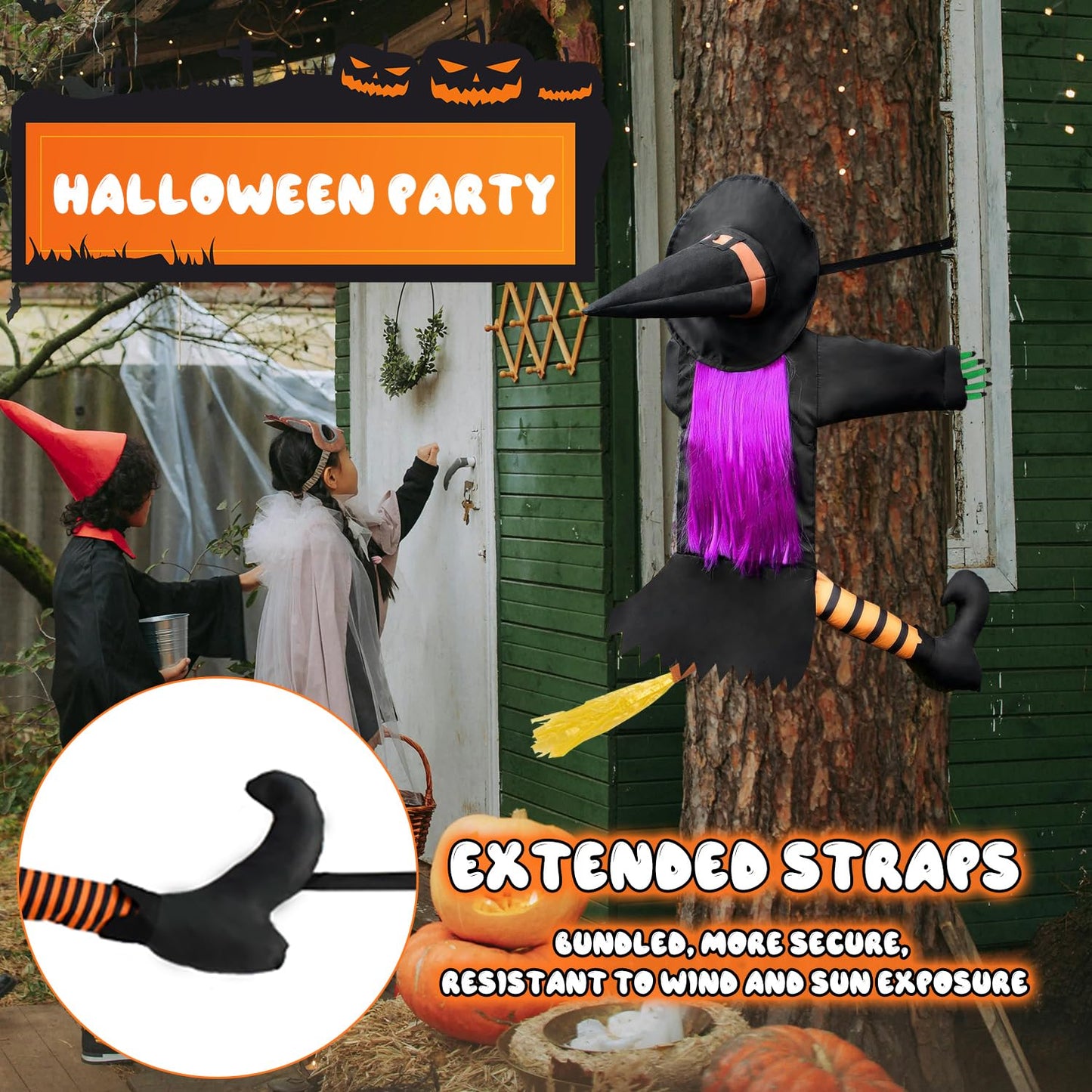 Qivine 39.4" Crashing Witch Halloween Decoration, Flying Crashing Witch into Tree, Halloween Outdoor Decor with Durable Nylon, Flying Witch on Broom Colliding for Yard Garden Porch Tree