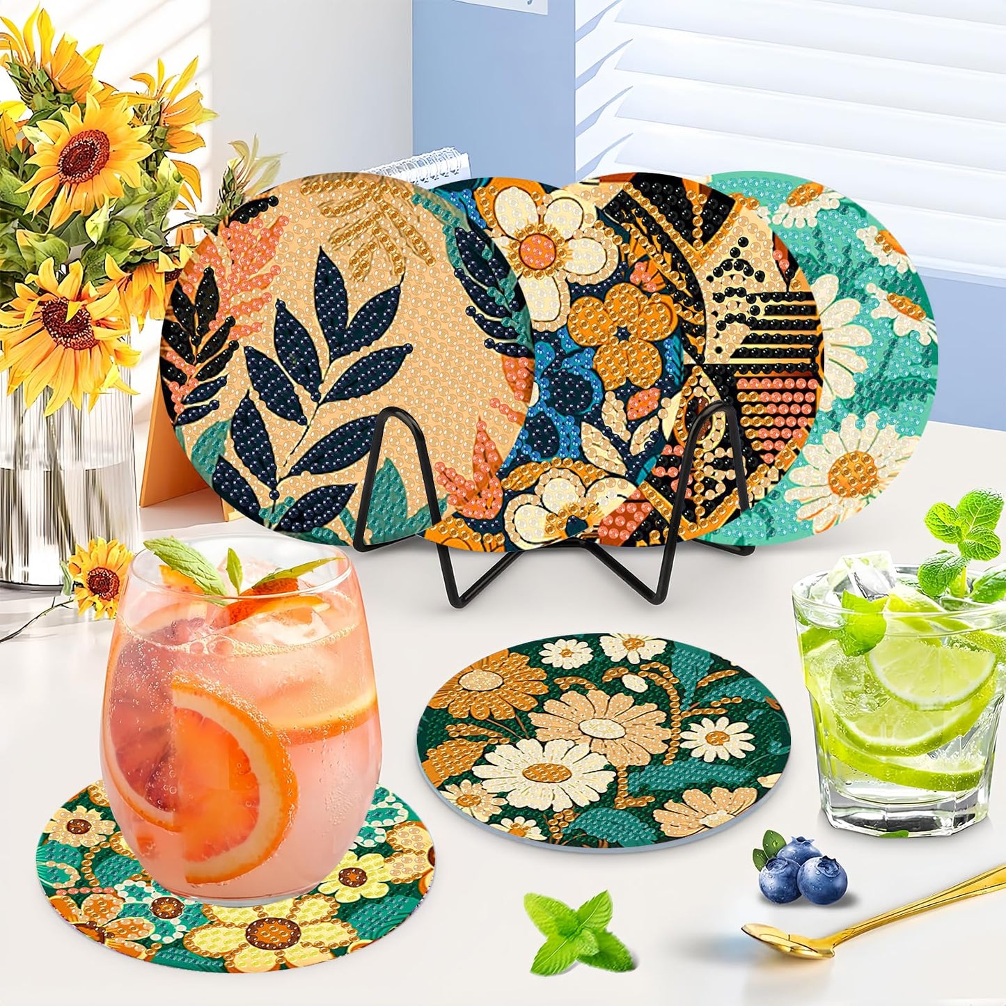 Reivworl 8 Pcs Flowers Diamond Art Coasters Kits, Flowers Diamond Art Kits for Adults, 5D Diamond Painting Coasters (4x4 Inch, with Holder Cork Pads)