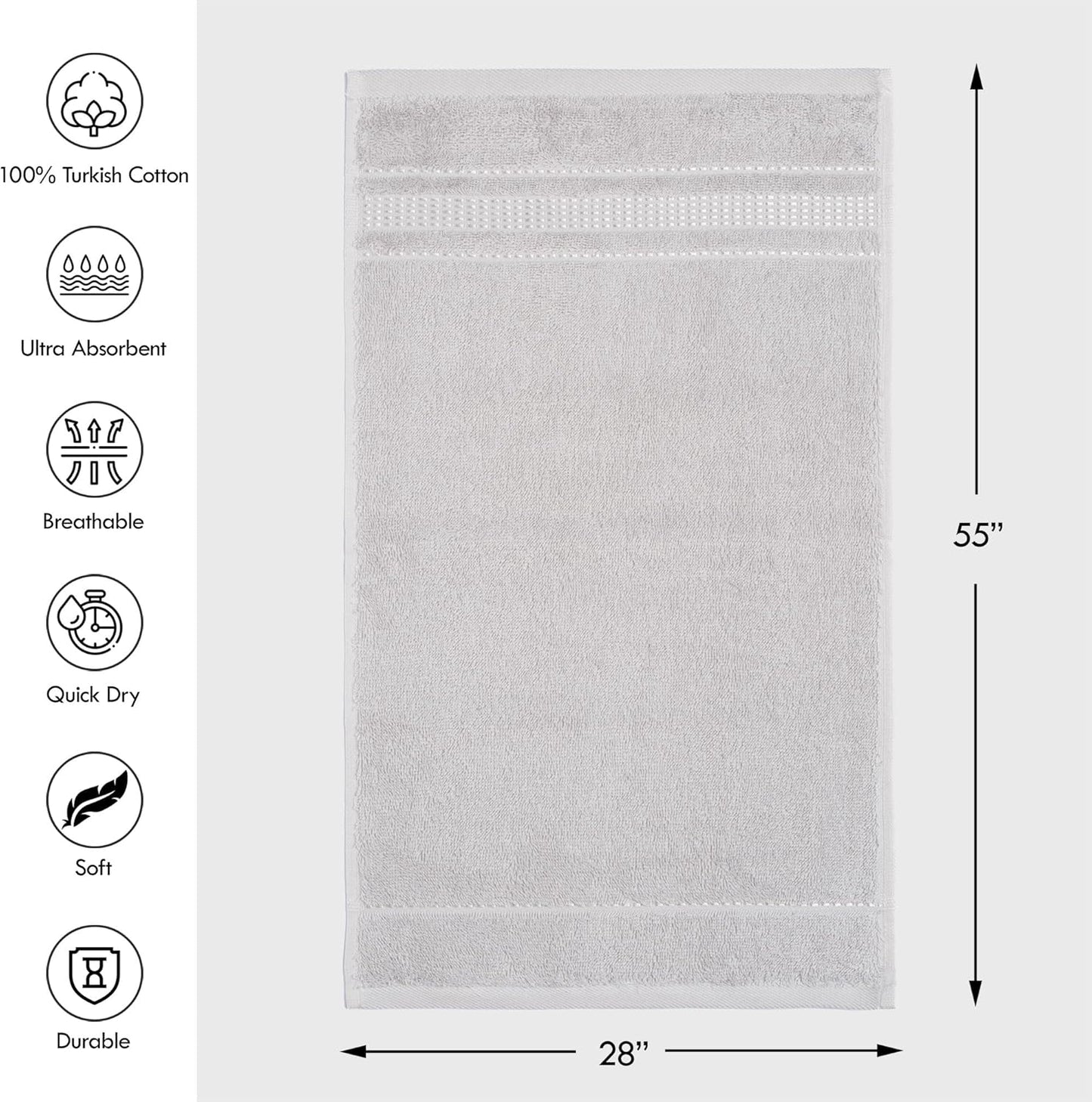 2 100% 28 55 Melissa Linen, Piece, Silver Light Grey Bath Towels, Turkish Cotton Bath Towels for Bathroom, Absorbent