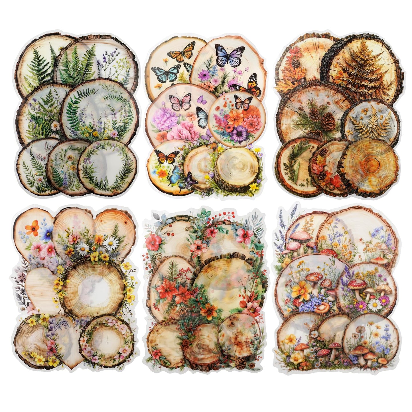 MiyouLuna 60 PCS Nature PET Stickers, Faux Wood Slice Botanical Stickers with Mushrooms, Flowers, and Butterflies for Scrapbooking, Journaling, and DIY Crafts