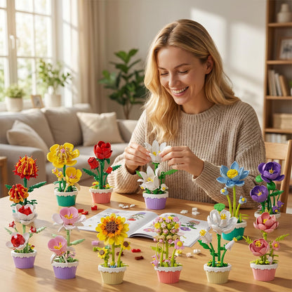 FNSJFYZS 12 Pack Flower Building Blocks, Botanicals Collection Artificial Flowers with Pots, DIY Craft Kit for Home Office Desk Decor, Unique Birthday Gifts for Adults