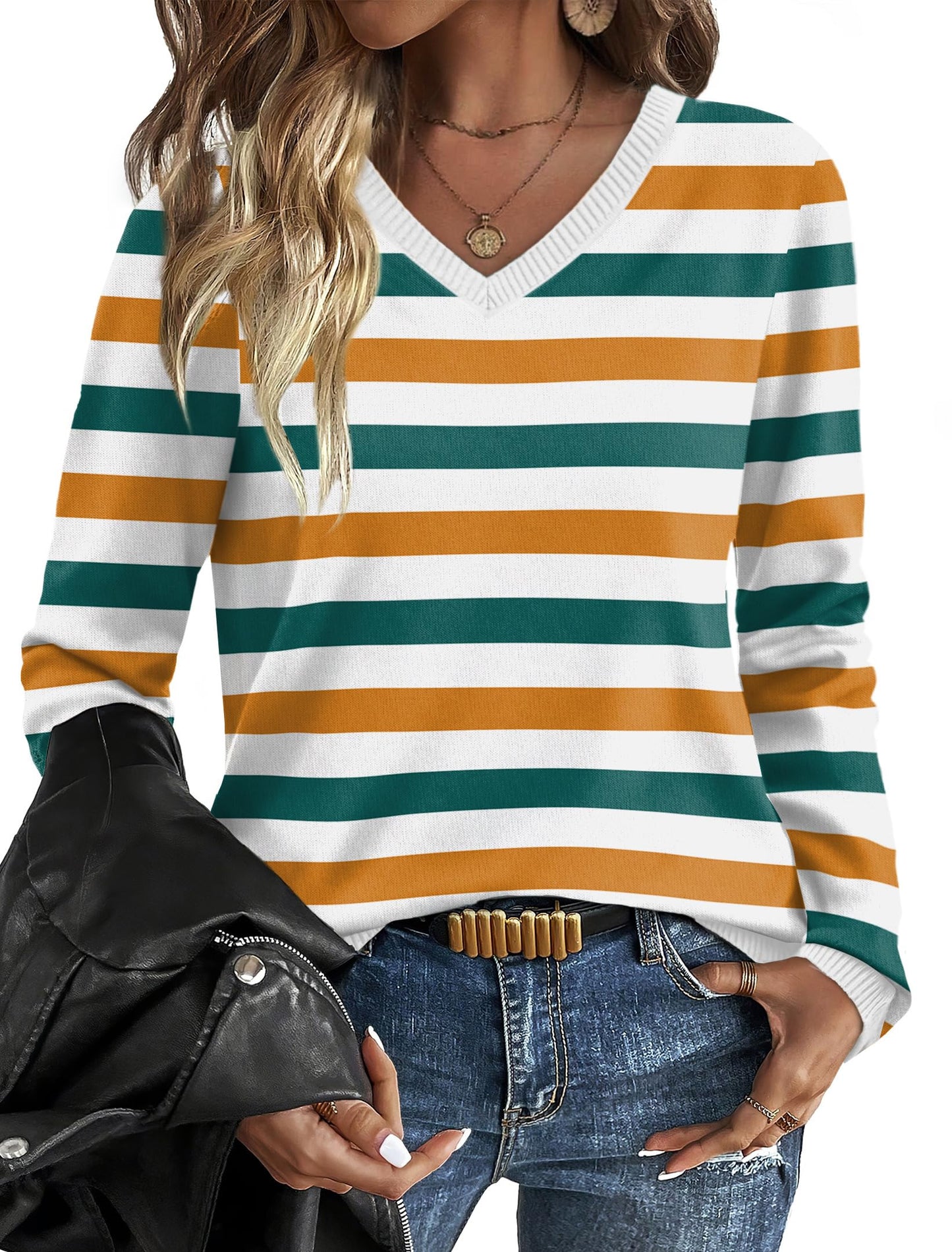 OFEEFAN Womens Sweaters Long Sleeve Shirts Fall Outfits 2025 V Neck Soft Knit Pullover Trendy Tops Dressy Casual Blouses