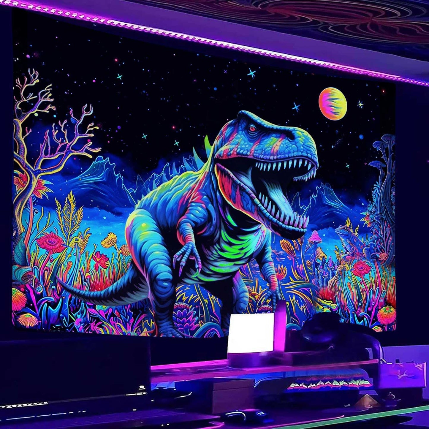 Blacklight Dinosaur Tapestry, Neon Funny Dino Frog Mountain Art UV Reactive Tapestries for Bedroom Boys Kids Decor