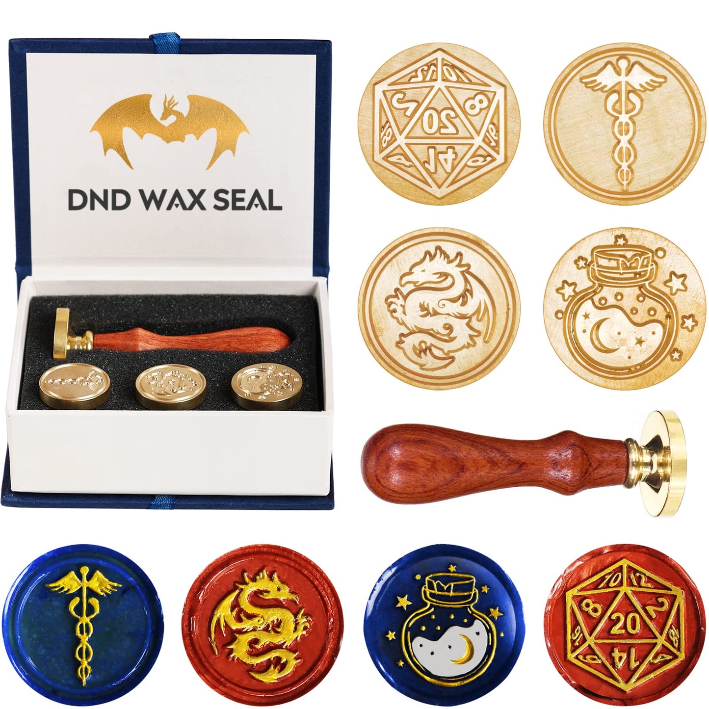 DND Wax Seal Stamp, Ideal Gift for Dungeons and Dragons/D&D Envelope Scroll. Fantasy Wax Seal Kit with Dragon/D20 Dice/Magic Potion/Caduceus, Great RPG Accessories Nerdy Gift for DND Lover DM & Player
