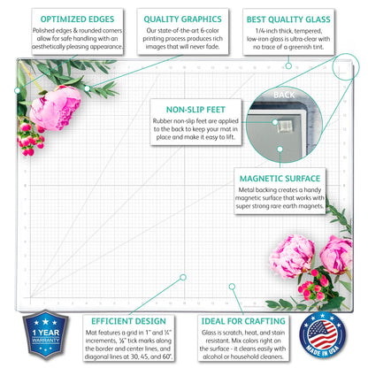 GLASSBOARD STUDIO Glass Craft Mat - Magnetic, Heat & Scratch Resistant - For Crafting, Cutting, Painting, Mixed Media Artwork - Grid Lines, Non-Slip Rubber Feet (Floral 24"L x 36"W)