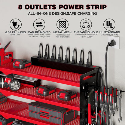 NattyDot Power Tool Organizer - Wall Mount Charging Station with 8 Drill Holders & 4 Layer Storage Rack (Red)