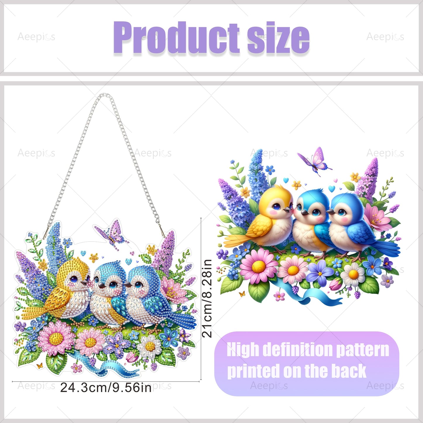 Aeepics Hanging Diamond Art Kit for Adult, DIY Diamonds Painting Pendant Ornament Kit, Acrylic Diamond Art Painting Board Kit (Birds)