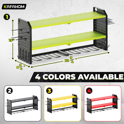 KAFAHOM Power Tool Organizer, Large 8 Drill Holder Wall Mount with 2 Side Pegboards, Heavy Duty Metal Tool Shelf with 12 Hooks, Storage Rack for Garage Organization, Utility Battery Shelves - Green