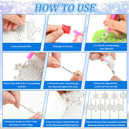 Geetery 8 Pcs Winter Diamond Art Painting Wind Chime Snowflake Diamond Art Suncatcher Kits Double Sided Art Kits with Crystal Pendant Hanging Ornament for Adults Home Decor