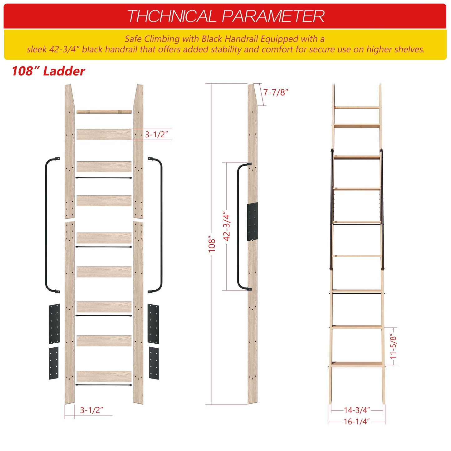 104RDHOUSE 108in Attic Rolling Library Ladder, 9 Step Wooden Ladder with,Ladder Bookshelf,Wall Stairs Red Oak Stair Platform Bunkbed Ladder,for Home Kitchen,Warehouses,Bookstore,DIY Stain