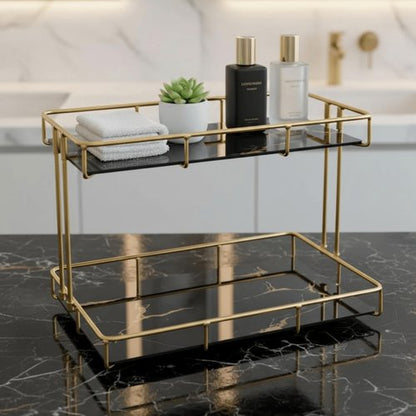 Léazora 2-Tier White Marble Bathroom Countertop Organizer – Glass Shelves & Gold Metal Frame, Elegant Vanity Storage Shelf for Perfume, Skincare, Makeup & Toiletries