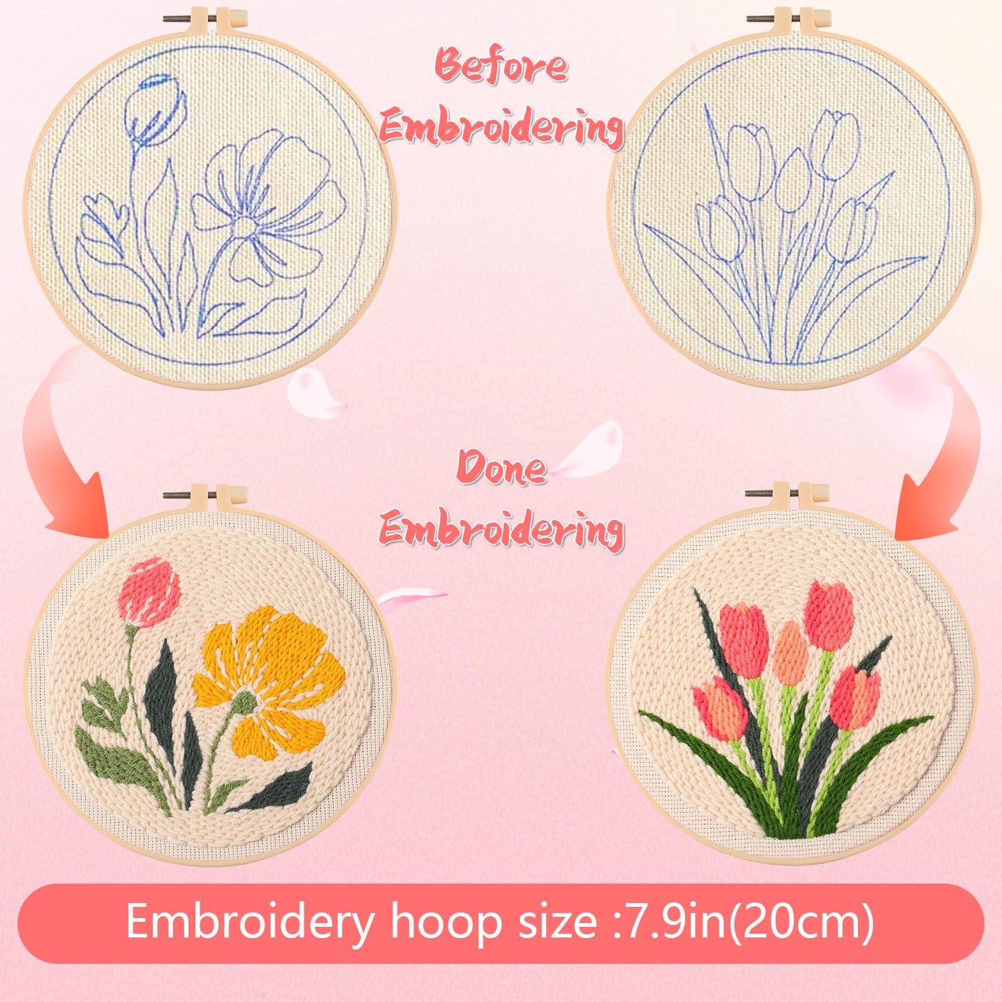 BATHRINS 2PCS Embroidery Punch Needle Kit Beginners Cross Stitch Kits Creative Easy Floral Pattern Hand Crafts with Hoop,Needle,Threads Mothers Day Gifts Crafts & Home Decor