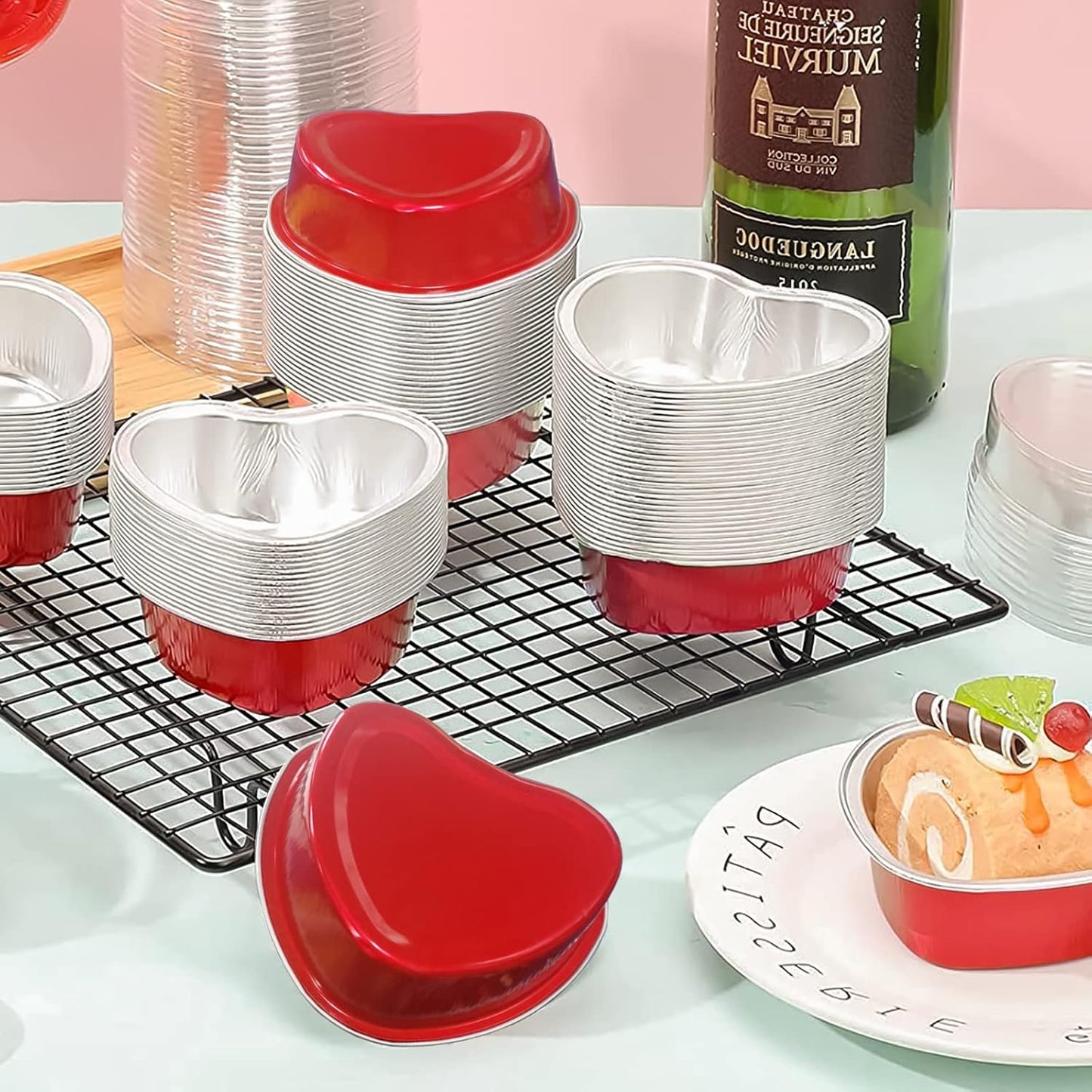 Heart Shaped Cake Pans for Baking, BLVRYVIO 50 Sets Aluminum Cupcake Cups with Lids, Red
