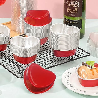 Heart Shaped Cake Pans for Baking, BLVRYVIO 50 Sets Aluminum Cupcake Cups with Lids, Red