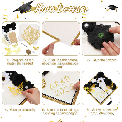 Wavwavw 43 PCS DIY Graduation Cap Decorations Kit, Grad Cap Decorations Included Faux Flowers 3D Butterfly Self Adhesive Rhinestones Stickers Alphabet Letter Stickers for 2026 Grad Party(Black)