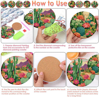 ijbnhd 8 Pcs Cactus Diamond Art Coasters Kit, Cactus Diamond Painting Coasters with Holder, Arts and Crafts Supplies Astral 4X4inch (Cork Wooden Pad)