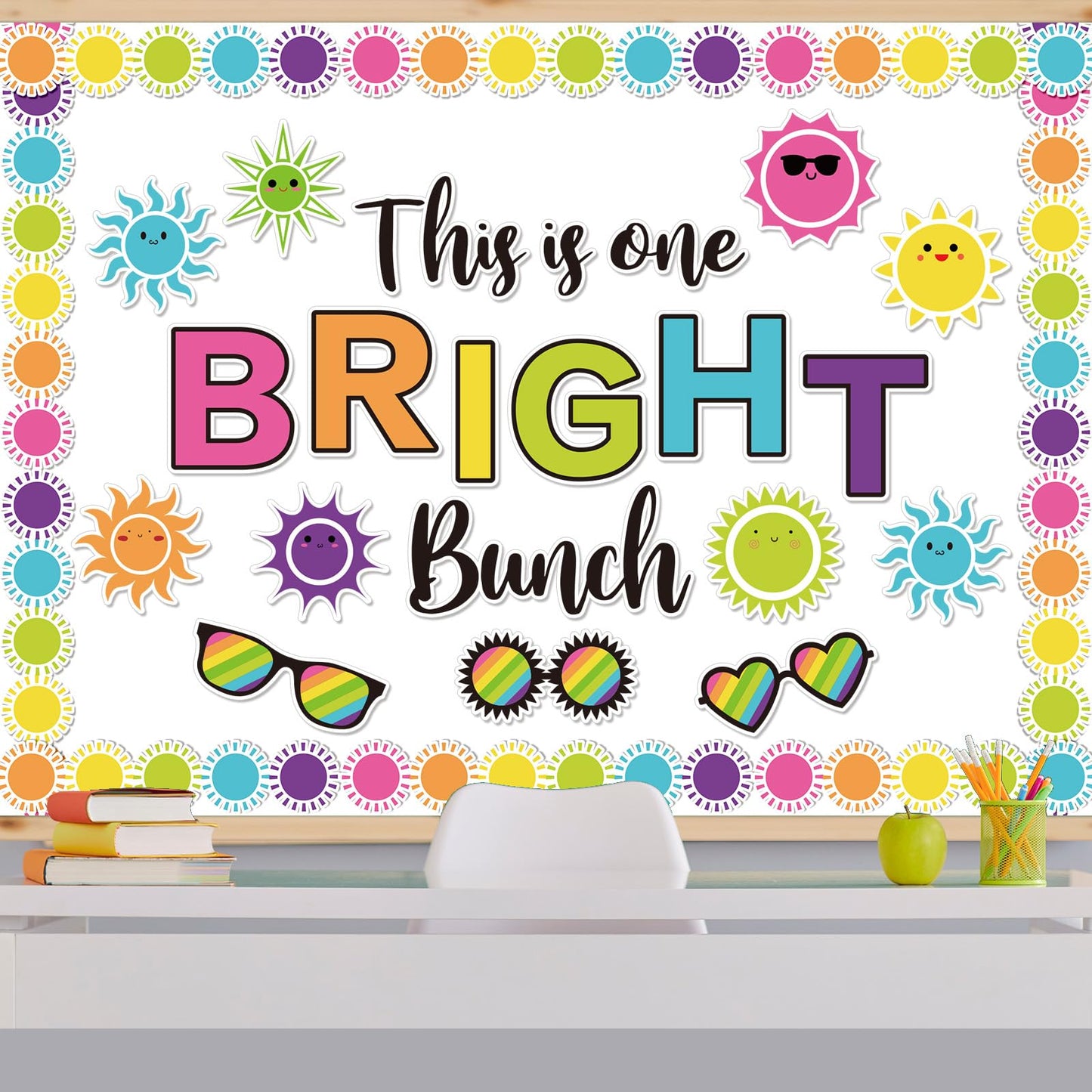 78 Pcs Summer Sun Bulletin Board Decoration Set This is One Bright Bunch Cut-Outs Tropical Sun Sunshine Sunglasses Paper Cutouts with 150 Pcs Glue Points for Hawaiian Party Classroom