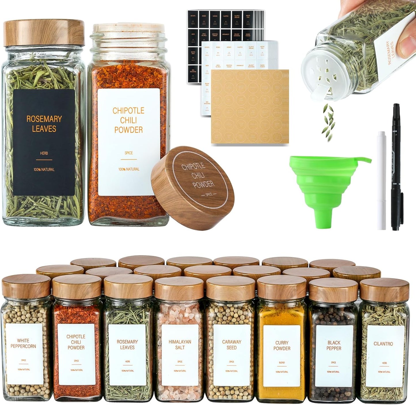 TESUNMU Label4oz (48) Spice Jars with Seasoning Containers, Glass Spice Bottles with Shaker Lids,Funnel, Chalk Pen