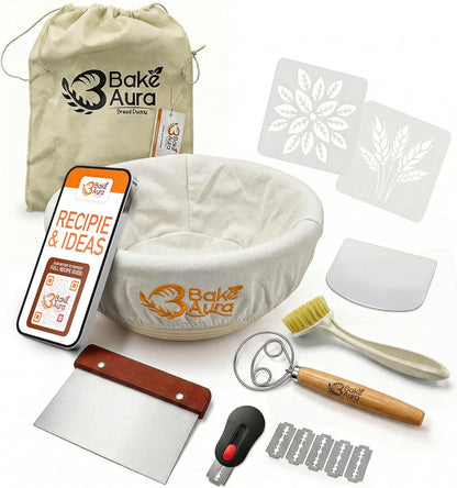 Bakeaura 9In Bake Aura Bread Maker Sourdough Starter Kit with Large Rattan Basket, Dough Scraper, Dough Whisk