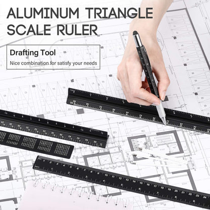 Weewooday 10 Pieces 12 Inch Architectural Scale Ruler Aluminum Triangular Engineering Ruler Scale with 6 in 1 Multitool Pen Ballpoint Pen for Architects, Draftsman, and Engineers