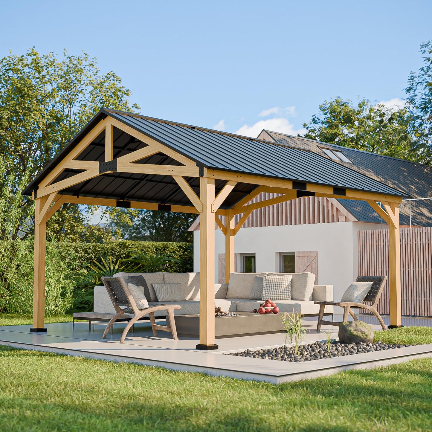 COOS BAY 13x15 Hardtop Gazebo with Cedar Wood Frame, Post-and-Beam Gazebo Shelter, Galvanized Steel Gable Roof Outdoor Pavilion for Garden, Lawn, Poolside, Patio, Deck, Natural Wood/Black