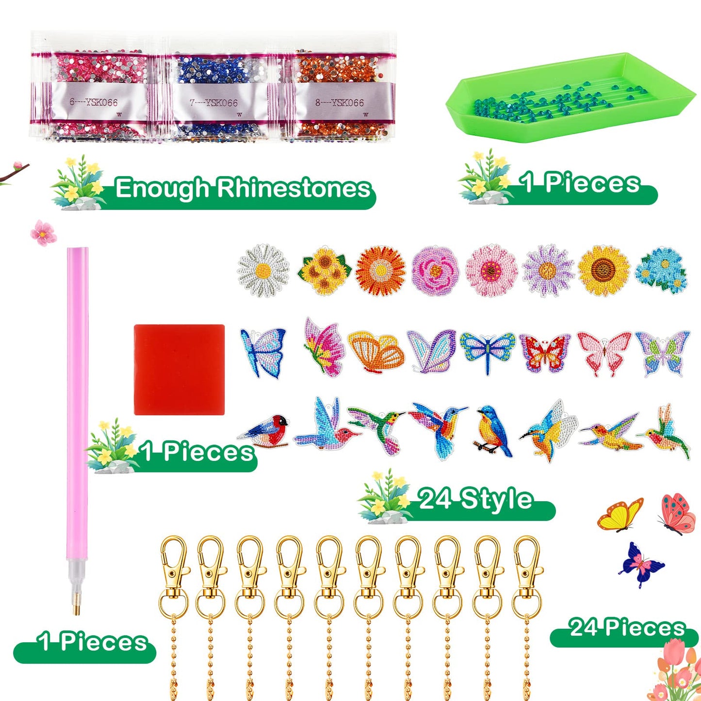 Junkin 24 Pcs Diamond Art Keychains 5D Double Side Diamond Painting Keychains Kit Hanging Full Drill Diamonds Pendants for Beginner Adult DIY Crafts Home Party Decor