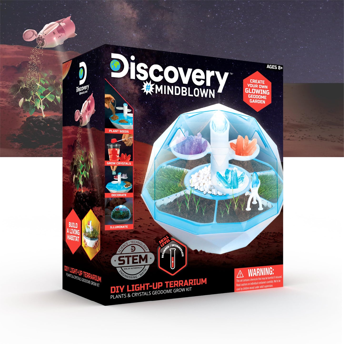 Discovery™ DIY Light-Up LED Terrarium - Plants & Crystals Geodome Grow Kit, 3 Colorful Crystal Formations, Rye Grass, Education STEM Activity Set, Indoor Science Experiment, Chemistry Gift