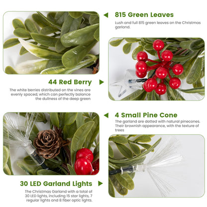 6.5FT Christmas Garland with Lights & Timer, 30 LED Pre-lit Greenery Olive Garland with Red Berry Pinecone, Battery Operated Lighted Garland for Fireplace Mantle Door Stairs Table Christmas Decoration