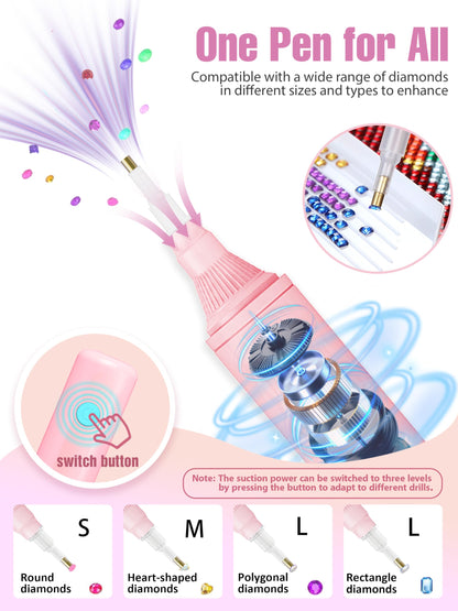 Electric Diamond Painting Pen, Vacuum Diamond Art Pen no Wax Needed | Cordless & Quiet | Rechargeable Battery | Lightweight Design | Diamond Art Accessories for Adults | Gift for Dimond Art Fan - Pink