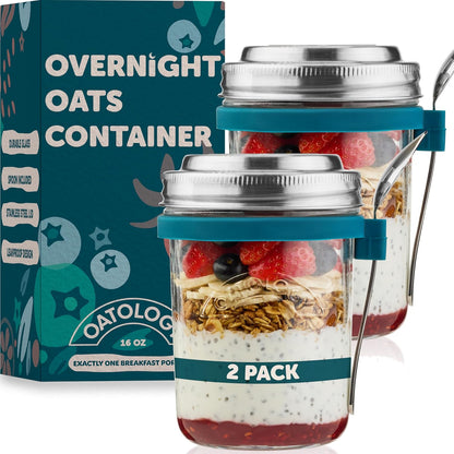 16oz Set 2 Pack Overnight Oats Containers with Lids & Spoons - Stainless Steel Lid Leakproof Glass Jars for Chia