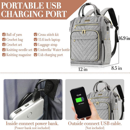 Knitting Bag Backpack, Crochet Bag Tote with USB Charging Port, Yarn Storage Organizer, Gifts for Crocheters Crochet Lovers Gift, Yarn Storage Tote Bag for Knitting & Crochet Accessories, Grey
