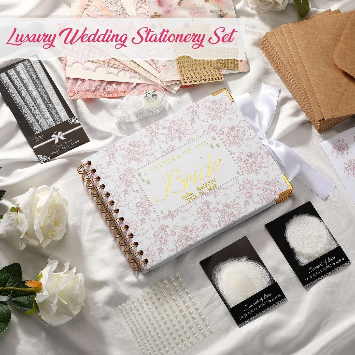 Humyoun Wedding Guest Book Letters to The Bride Scrapbook Wedding Memory Book Bridal DIY Blank Paper Scrapbook Photo Album Guest Sign with Pearl Stickers(8.5 x 7 Inch,Floral,Pink)